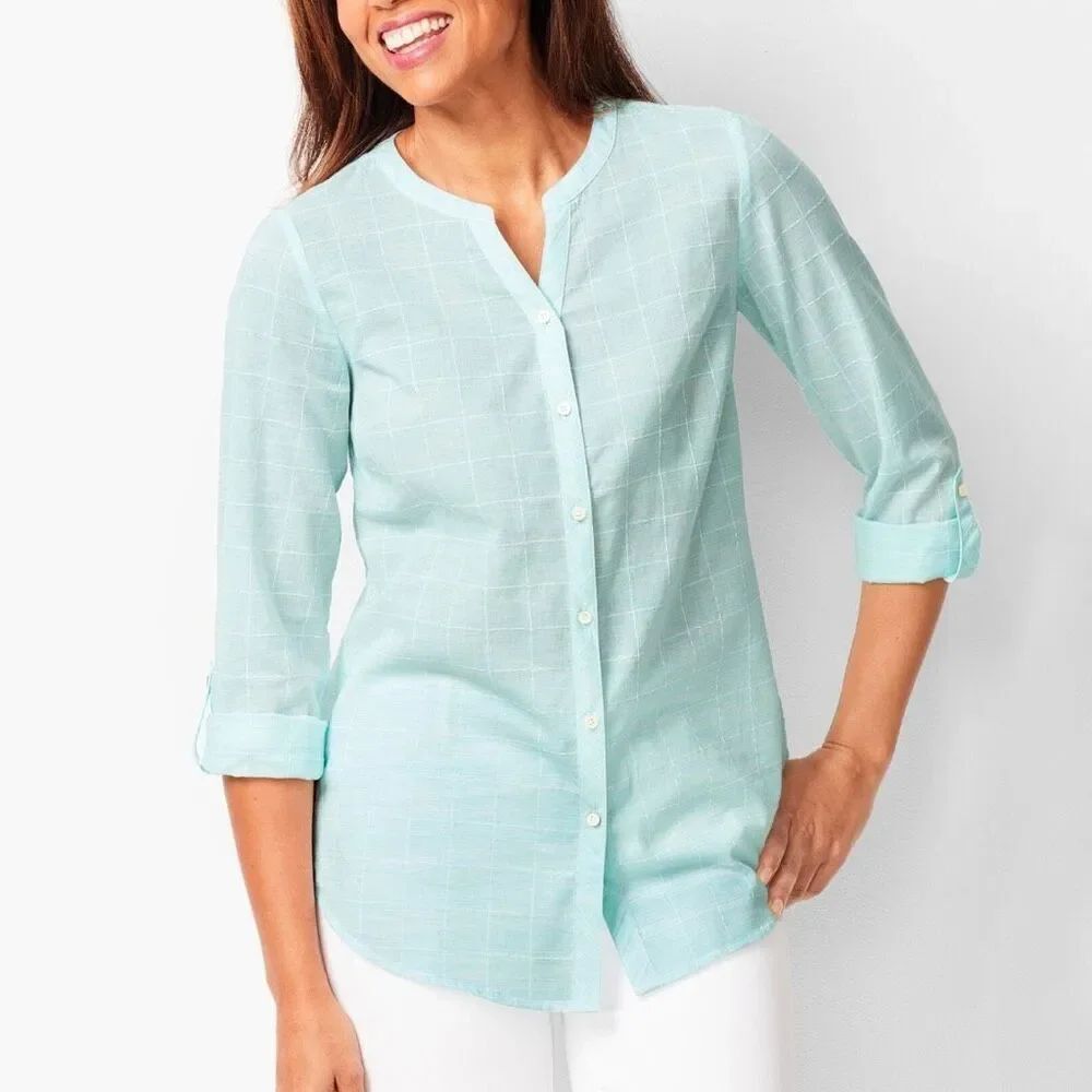 Talbots Pickstitch Shirt Medium Blue White Button Front V Neck